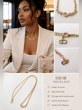 Dior Gold Tone CD Logo Crystal Rhinestone Necklace 16” Designer Jewelry